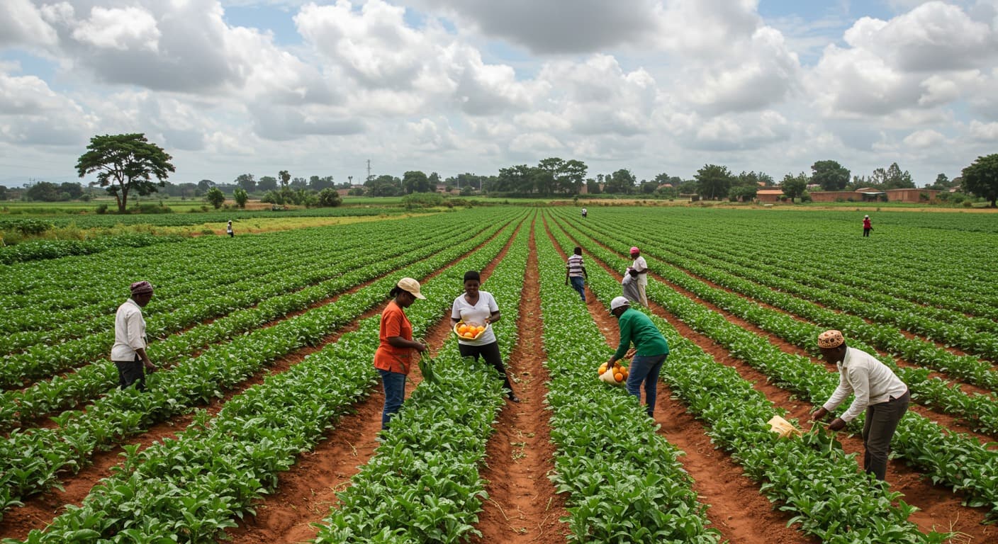 Happy farmers working in a lush green field